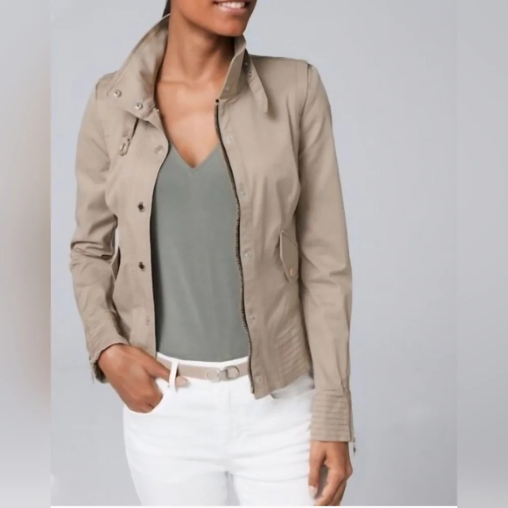 Taupe Fitted Buckle Collar Utility Jacket from White House Black Market. - Picture 1 of 15